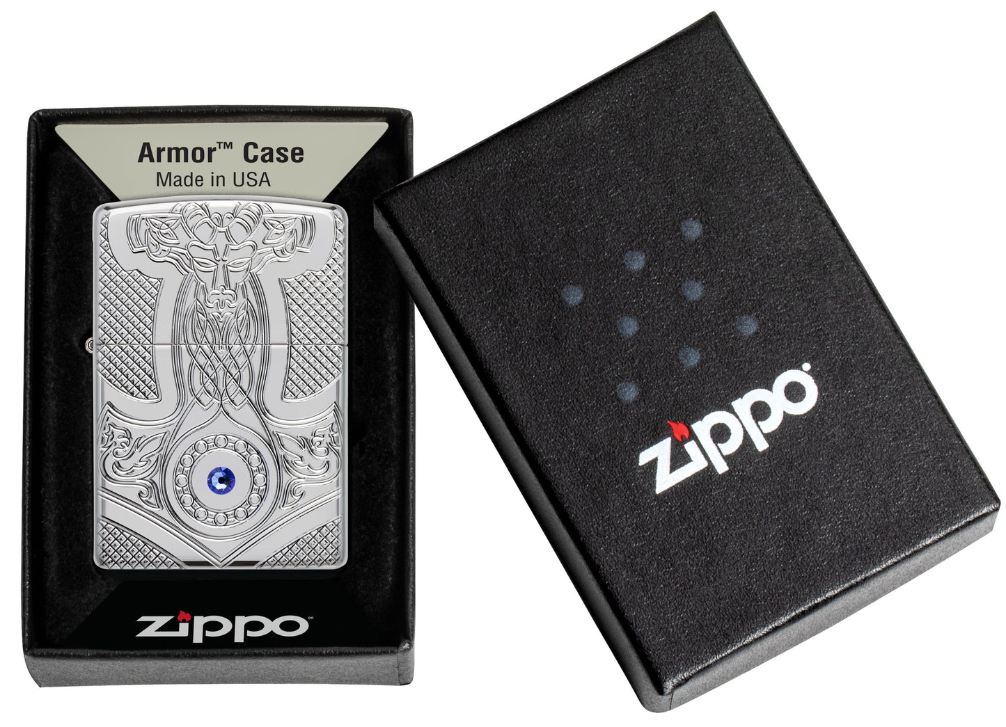 Medieval Design Armor® High Polish Chrome Windproof Lighter in packaging