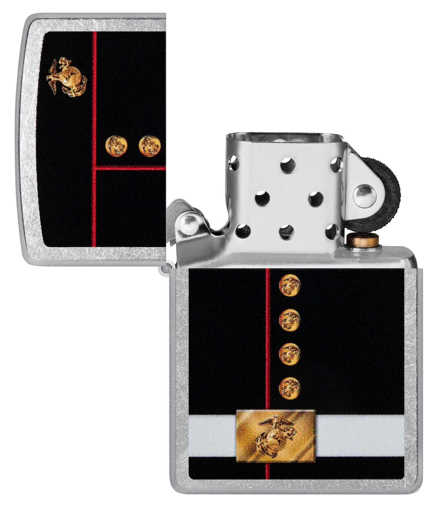 Zippo U.S Marines Corps Dress Blues Street Chrome Windproof Lighter with its lid open and unlit.