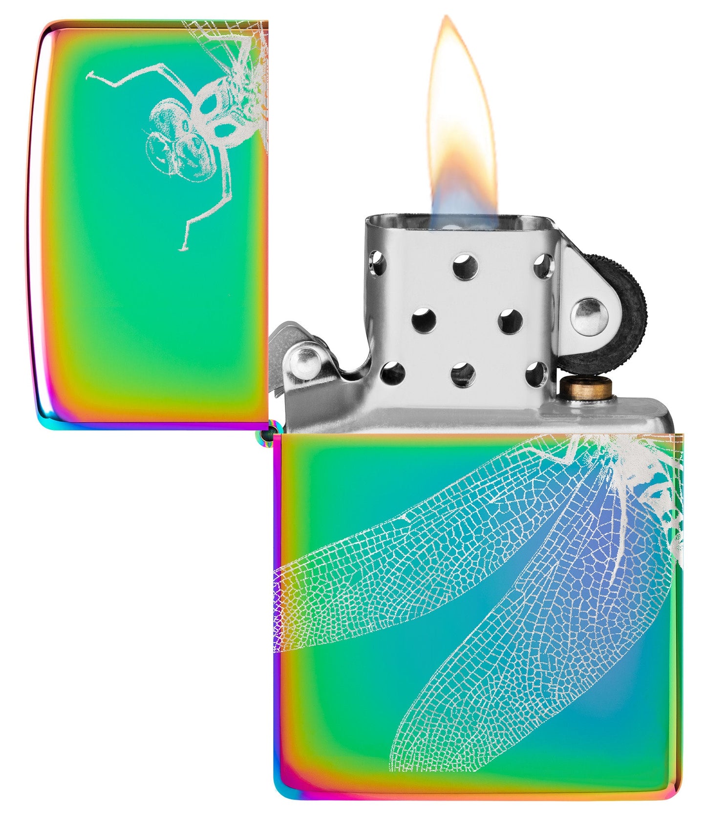 Zippo Dragonfly Design Multi Color Windproof Lighter with its lid open and lit.