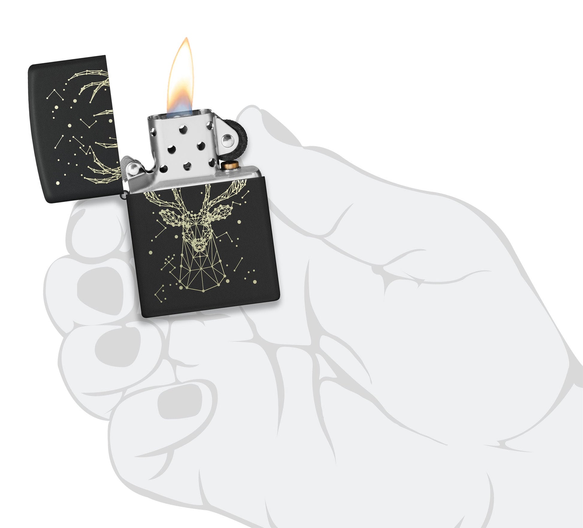 Deer Constellation Design Black Matte Windproof Lighter lit in hand.