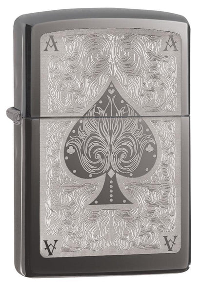 Black Ice Ace Filigree Engraved Windproof Lighter standing at a 3/4 angle.