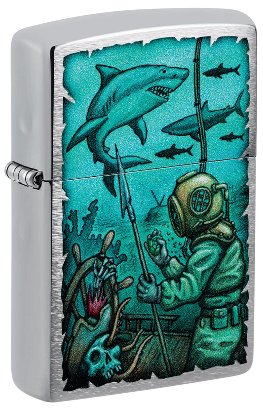 Front shot of Zippo Shark Nautical Design Brushed Chrome Windproof Lighter standing at a 3/4 angle.