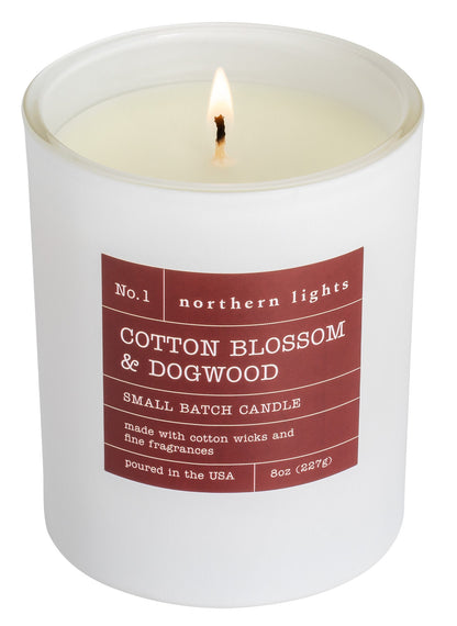 Front of lit 8 oz Cotton Blossom & Dogwood Candle.