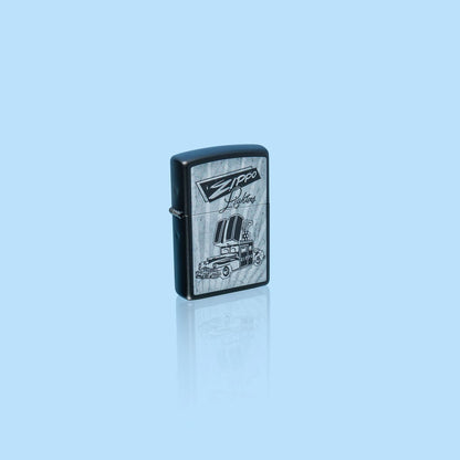 Glamour shot of Zippo Car Design Black Matte Windproof Lighter standing in a blue scene.