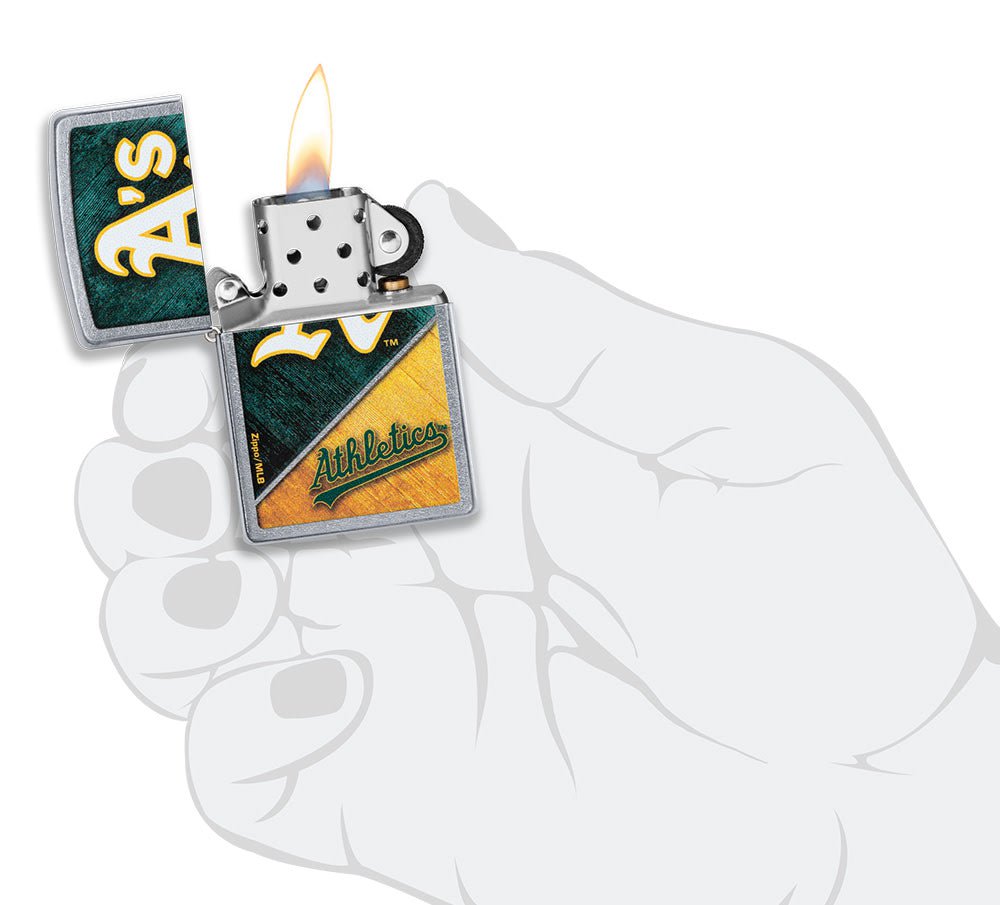 MLB® Oakland Athletics™ Street Chrome™ Windproof Lighter lit in hand.