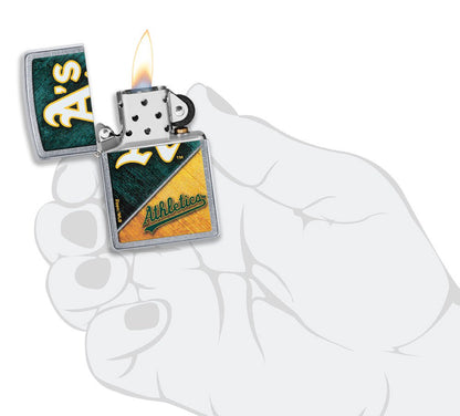 MLB® Oakland Athletics™ Street Chrome™ Windproof Lighter lit in hand.