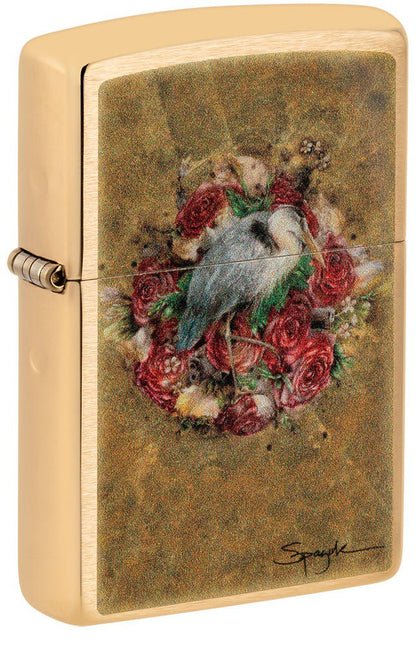 Front shot of Spazuk Bird and Roses Design Brushed Brass Windproof Lighter standing at a 3/4 angle.