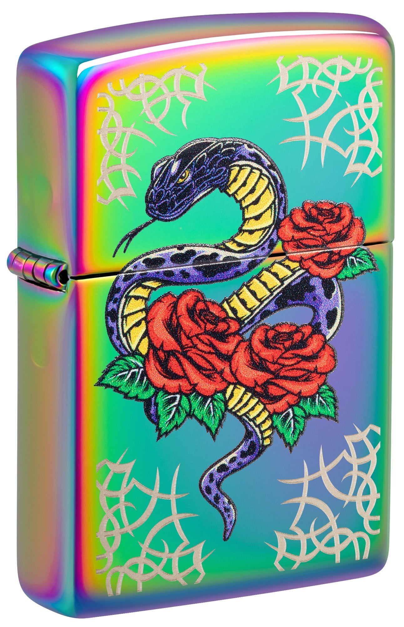 Front shot of Rose Snake Tattoo Design Multi Color Windproof Lighter standing at a 3/4 angle.