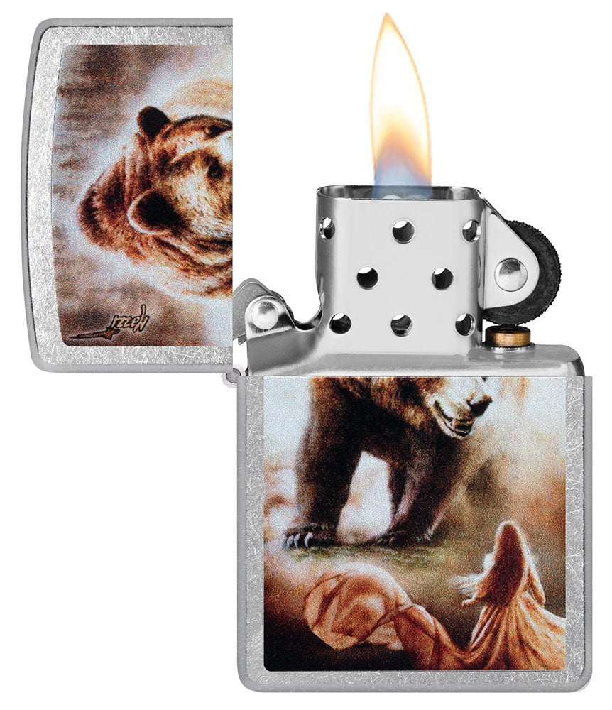 Mazzi Grizzly Bear Street Chrome Windproof Lighter with its lid open and lit.