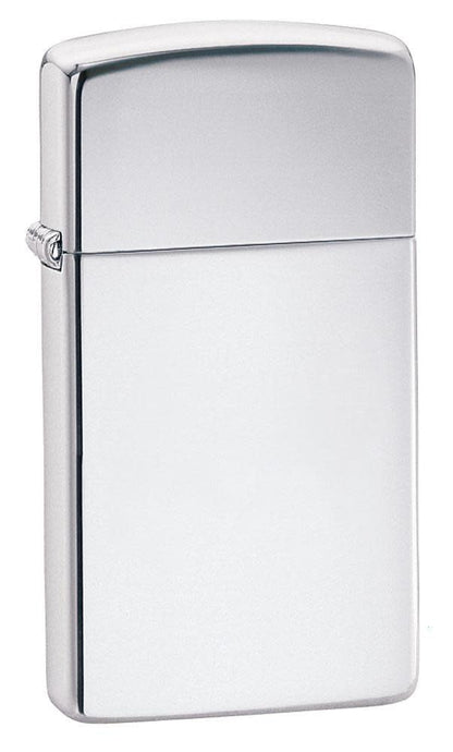 Front shot of Zippo Slim® Armor High Polish Chrome Lighter standing at a 3/4 angle.