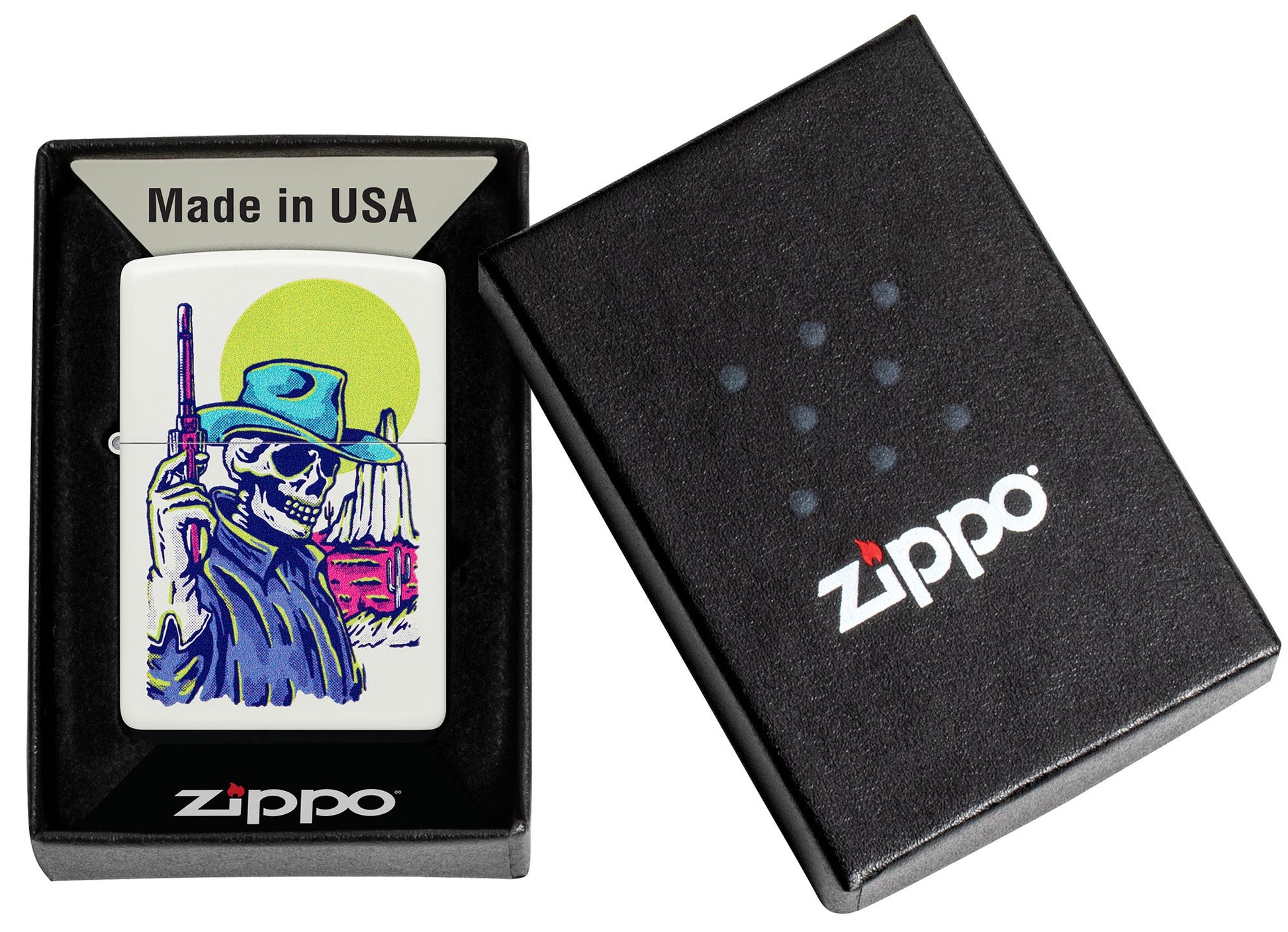 Zippo Wild West Skeleton Design White Matte Windproof Lighter in its packaging.