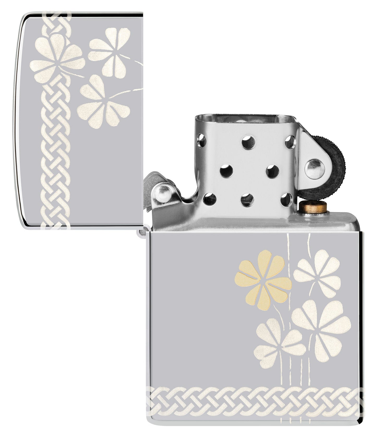 Zippo Laser 360° Clover Design High Polish Chrome Pocket Lighter with its lid open an unlit.