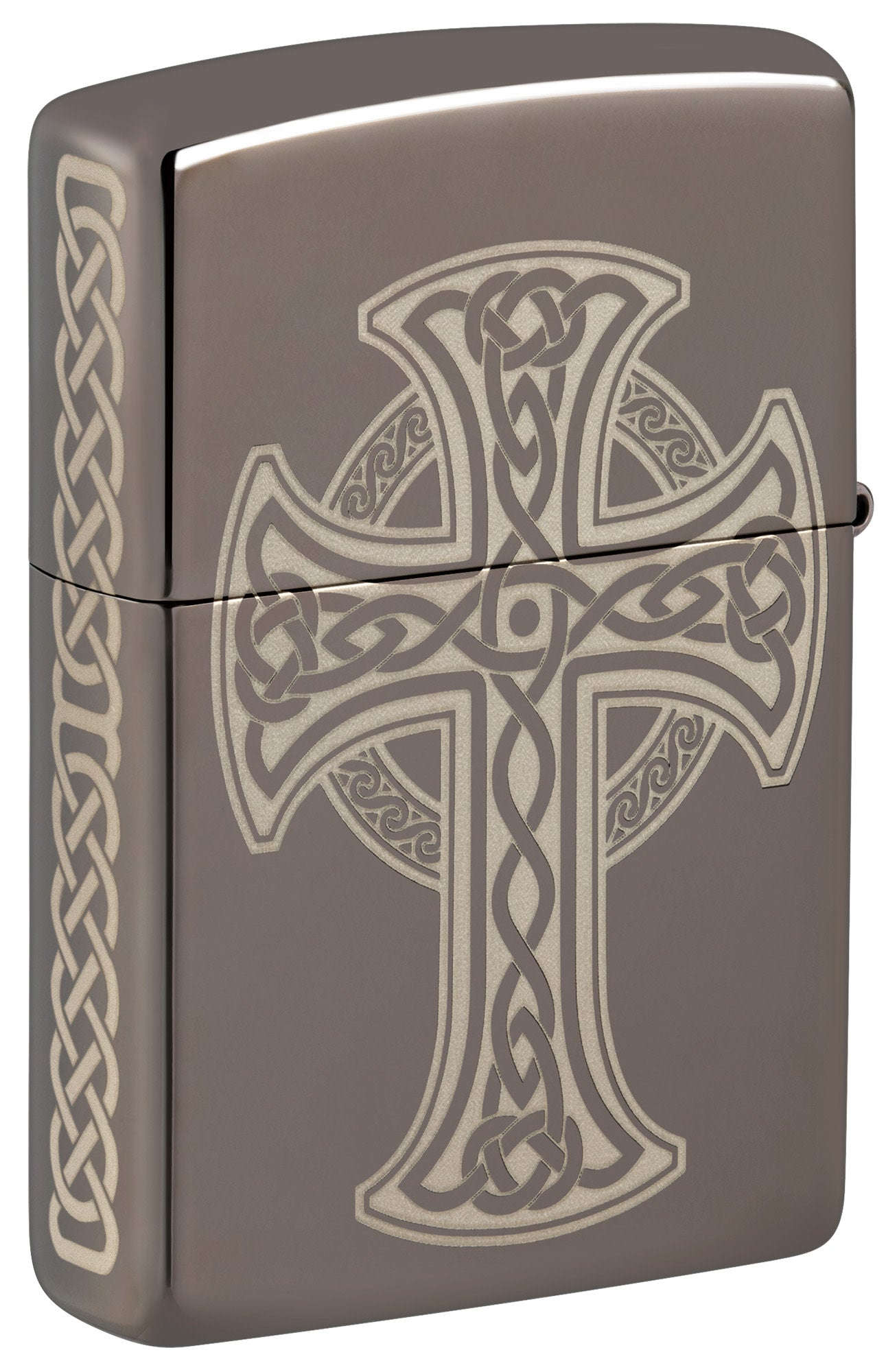 Back shot of Zippo Laser Engraved Celtic Cross Design Black Ice Windproof Lighter standing at a 3/4 angle.