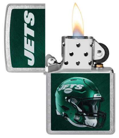 NFL New York Jets Helmet Street Chrome Windproof Lighter with its lid open and lit.