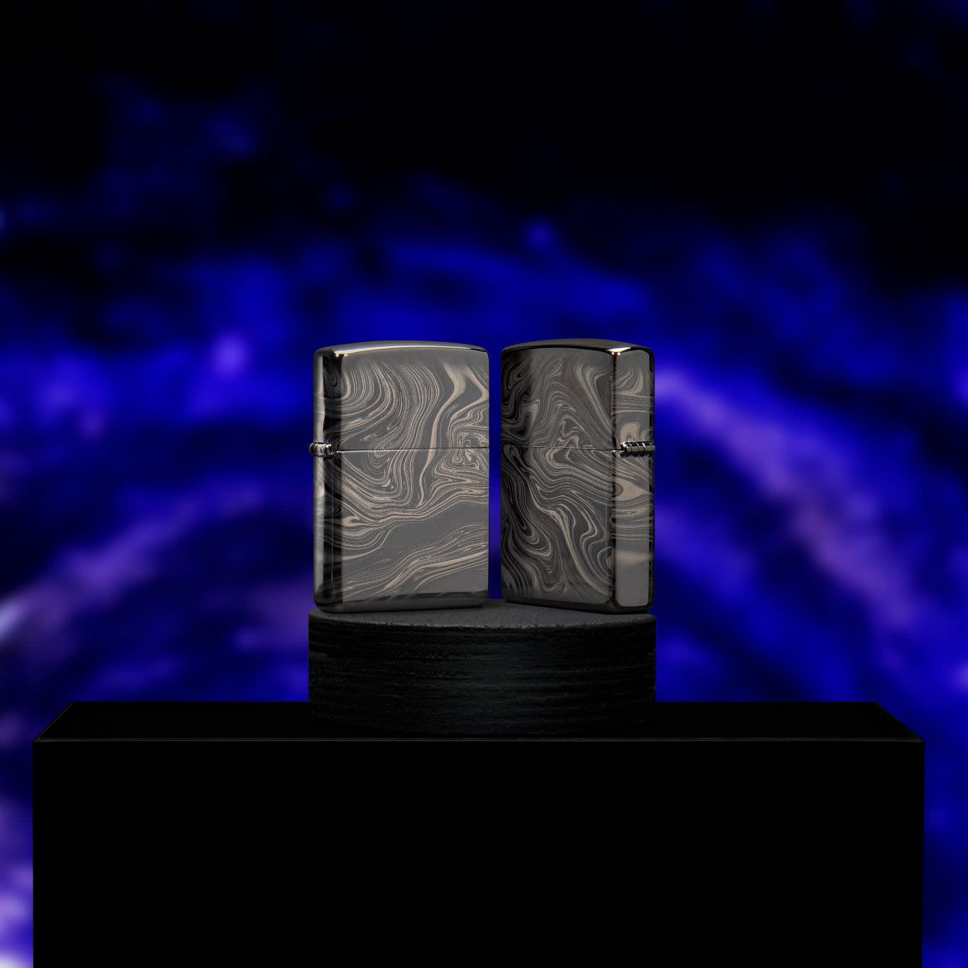 Lifestyle image of two Marble Pattern Design High Polish Black Windproof Lighters, with one showing the front and the other showing the back of the design.