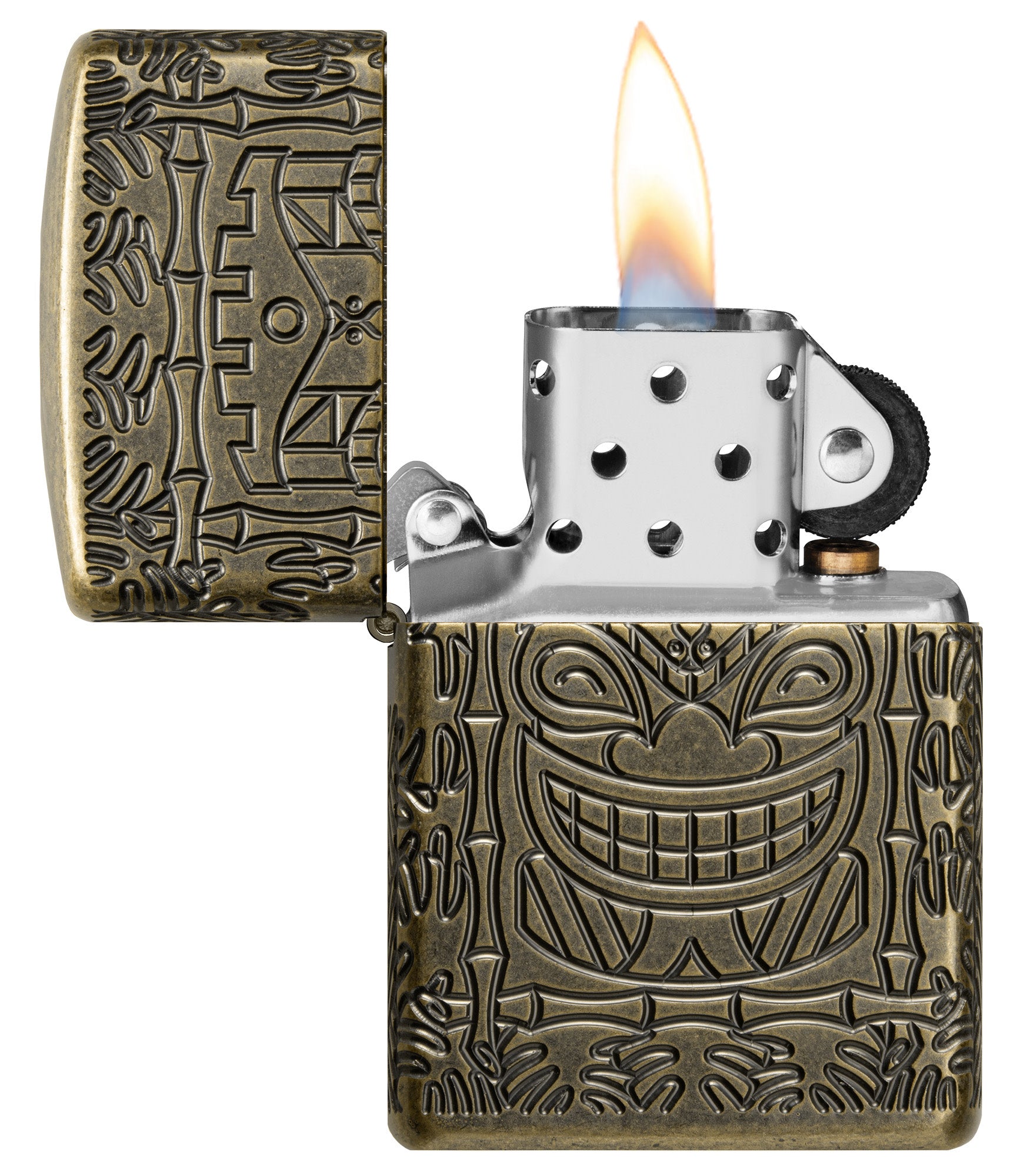 Tiki Design Armor® Antique Brass Windproof Lighter with its lid open and lit.