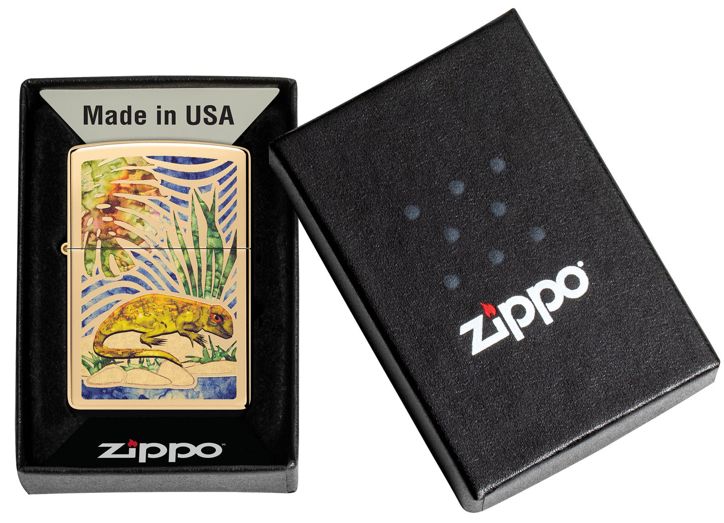 Lizard Fusion High Polish Brass Windproof Lighter in it's packaging.