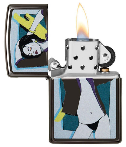 Front view of the Pop Art Women Design Lighter open and lit