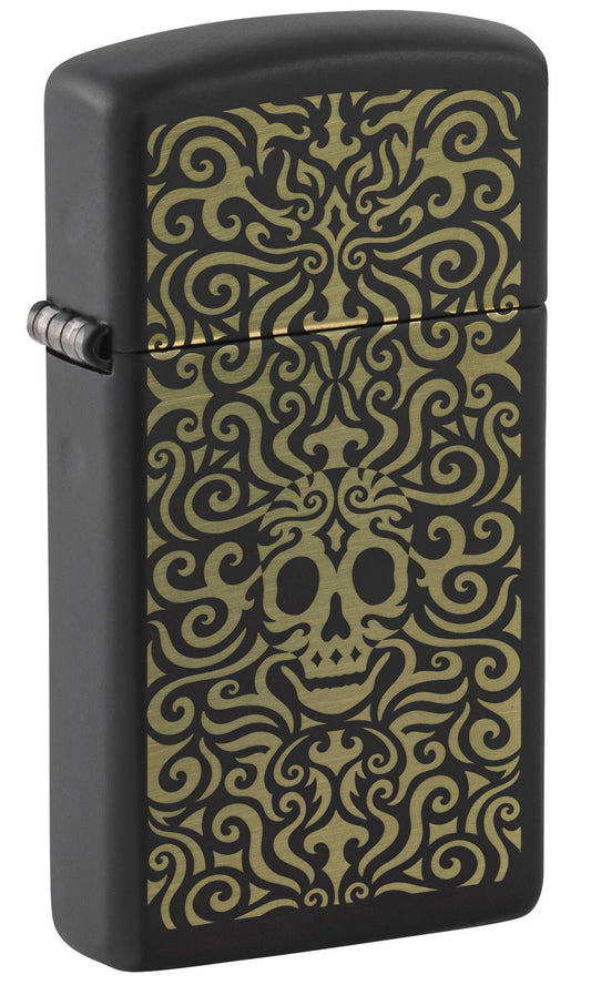 Front shot of Zippo Skull Filigree Design Slim Black Matte Windproof Lighter standing at a 3/4 angle.