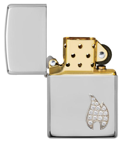 ArmorÂ® Sterling Silver Flame Emblem Windproof Lighter with its lid open and unlit.