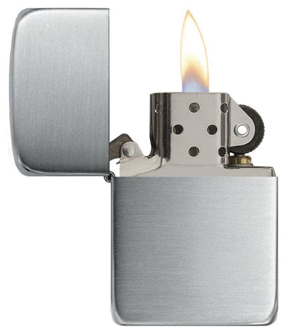 Front view of the Hand Satin Sterling Silver 1941 Replica Lighter open and lit 