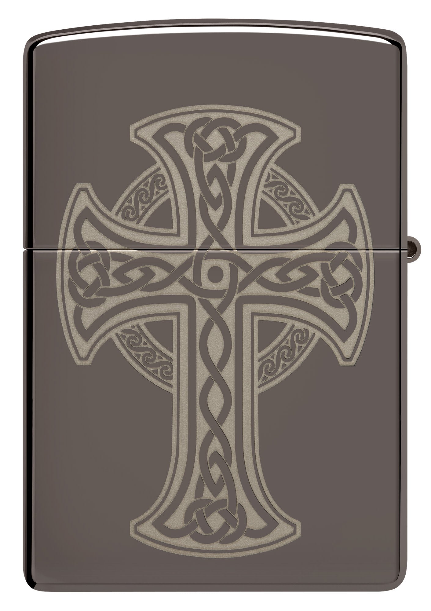 Back shot of Zippo Laser Engraved Celtic Cross Design Black Ice Windproof Lighter.