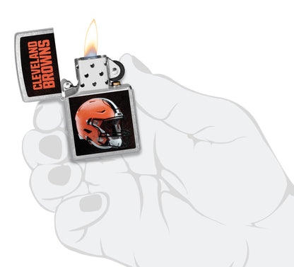 NFL Cleveland Browns Helmet Street Chrome Windproof Lighter lit in hand.