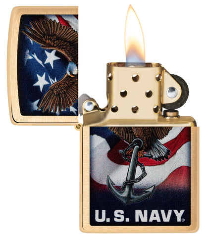 Zippo U.S. Navy Eagle Anchor & Flag Brushed Brass Windproof Lighter with its lid open and lit.