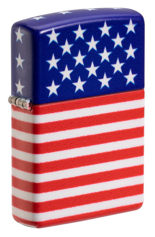 Front shot of Zippo Stars and Stripes Flag Design 540 Color Matte Windproof Lighter standing at a 3/4 angle.