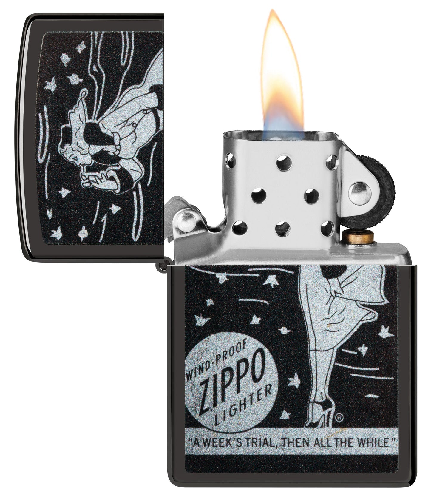 Windy Design High Polish Black Windproof Lighter with its lid open and lit.