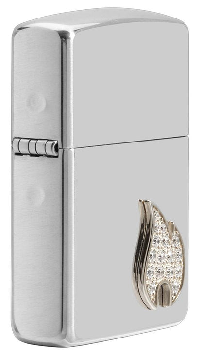 Angled view of ArmorÂ® Sterling Silver Flame Emblem Windproof Lighter showing the attached flame emblem.