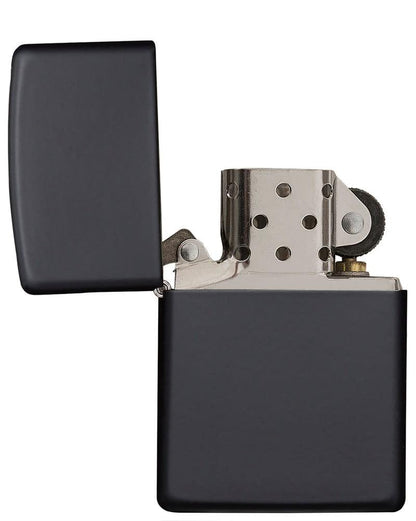 Classic Black Matte Windproof Lighter with its lid open and unlit