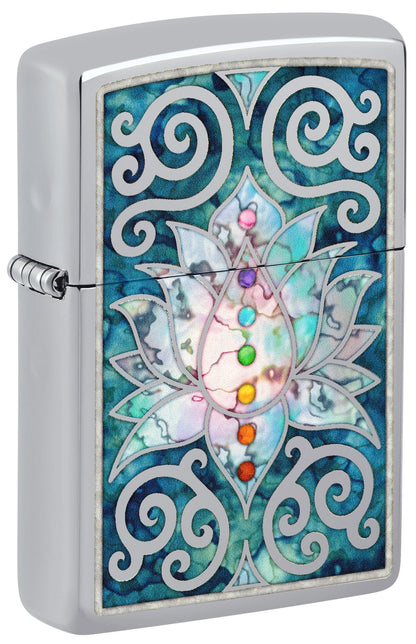 Front shot of Zippo Fusion Lotus Flower Design High Polish Chrome Windproof Lighter standing at a 3/4 angle.