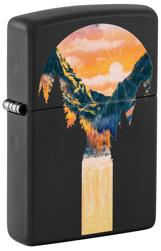 Front shot of Zippo Black Light Lava Lamp Design Black Matte Windproof Lighter standing at a 3/4 angle.