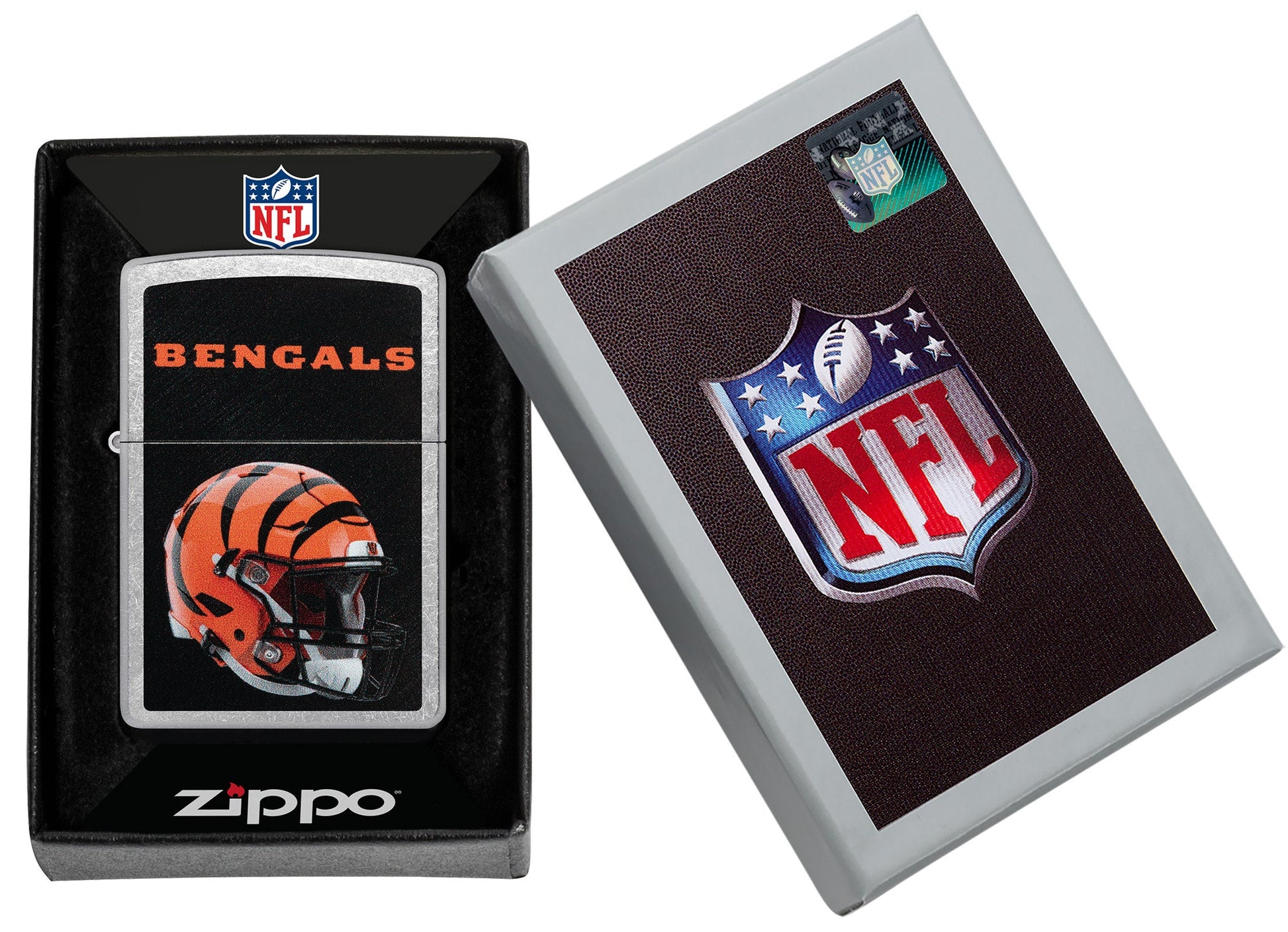 NFL Cincinnati Bengals Helmet Street Chrome Windproof Lighter in its packaging.