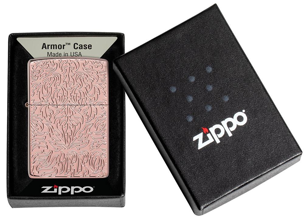 Zippo Carved Armor® Rose Gold Design Windproof Lighter in its packaging.