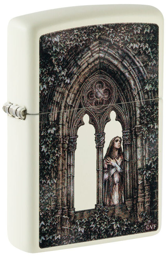 Front shot of Victoria Frances Glow In The Dark Windproof Lighter standing at a 3/4 angle.