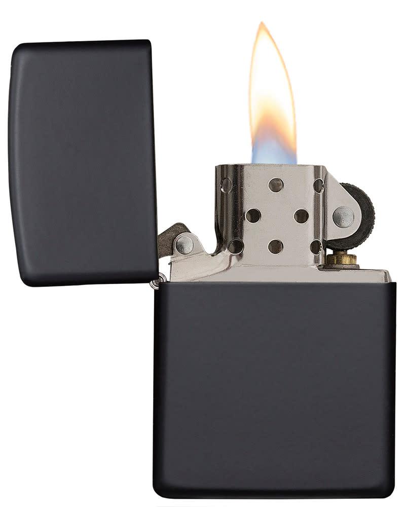 Classic Black Matte Windproof Lighter with its lid open and lit