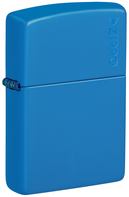 Front shot of Zippo Sky Blue Matte Zippo Logo Classic Windproof Lighter standing at a 3/4 angle.