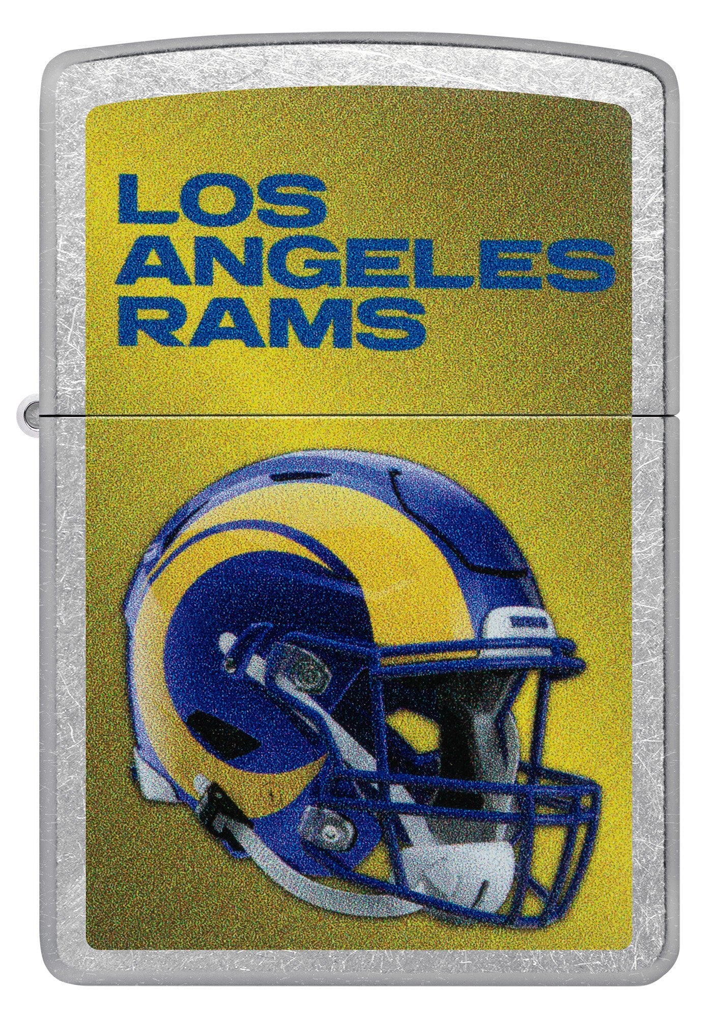 Front shot of Zippo NFL Los Angeles Rams Helmet Street Chrome Windproof Lighter.