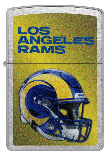 Front shot of Zippo NFL Los Angeles Rams Helmet Street Chrome Windproof Lighter.