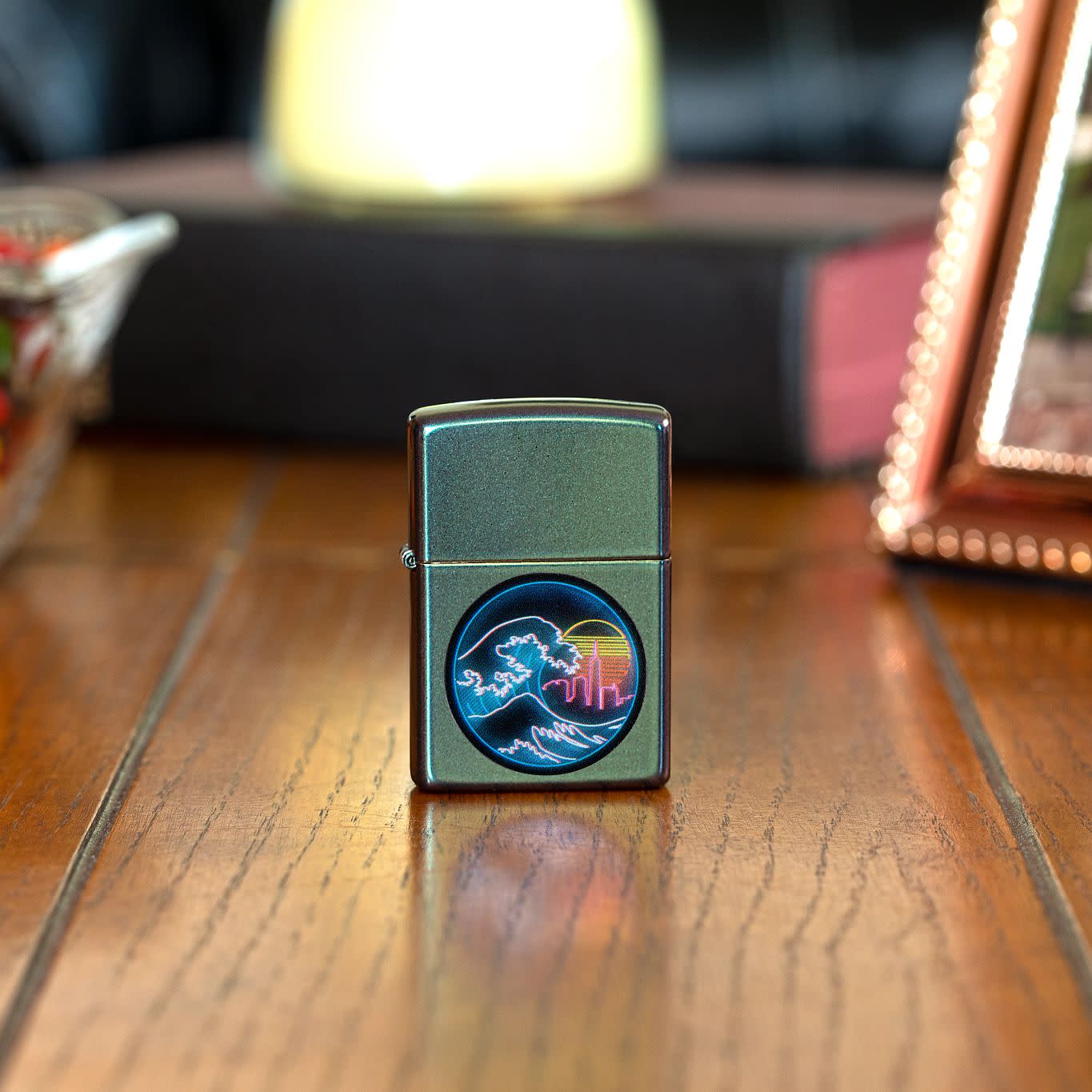 Lifestyle shot of Great Vaporwave Iridescent Windproof Lighter on a sides stand