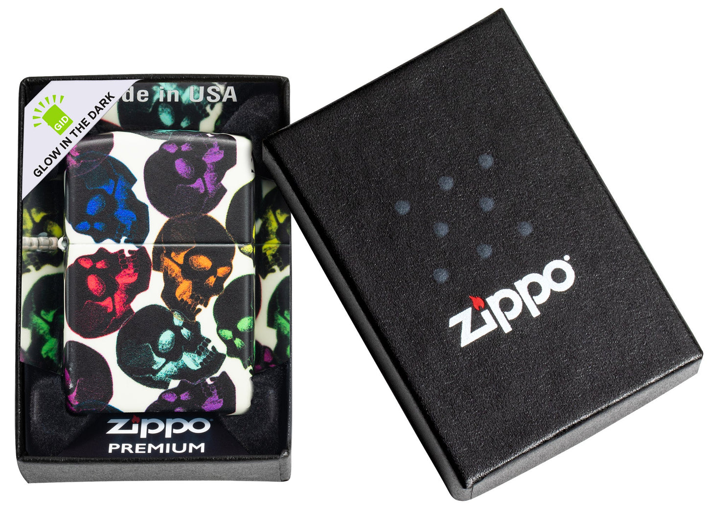 Skulls Design 540 Color Glow in the Dark Windproof Lighter in its packaging.