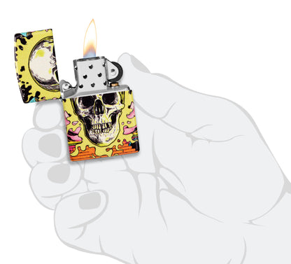 Zippo Trippy Skull Design Glow in the Dark 540 Color Windproof Lighter lit in hand.