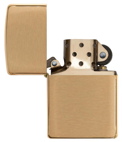 Armor® Brushed Brass Windproof Lighter with its lid open and unlit