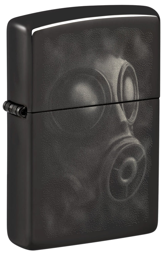 Front shot of Zippo Gas Mask Design High Polish Black Pocket Lighter standing at a 3/4 angle.