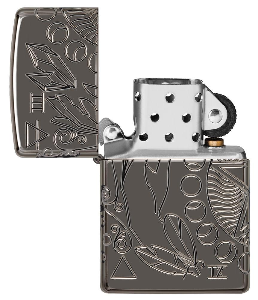 Wicca Design Armor® Black Ice® Windproof Lighter with its lid open and unlit.