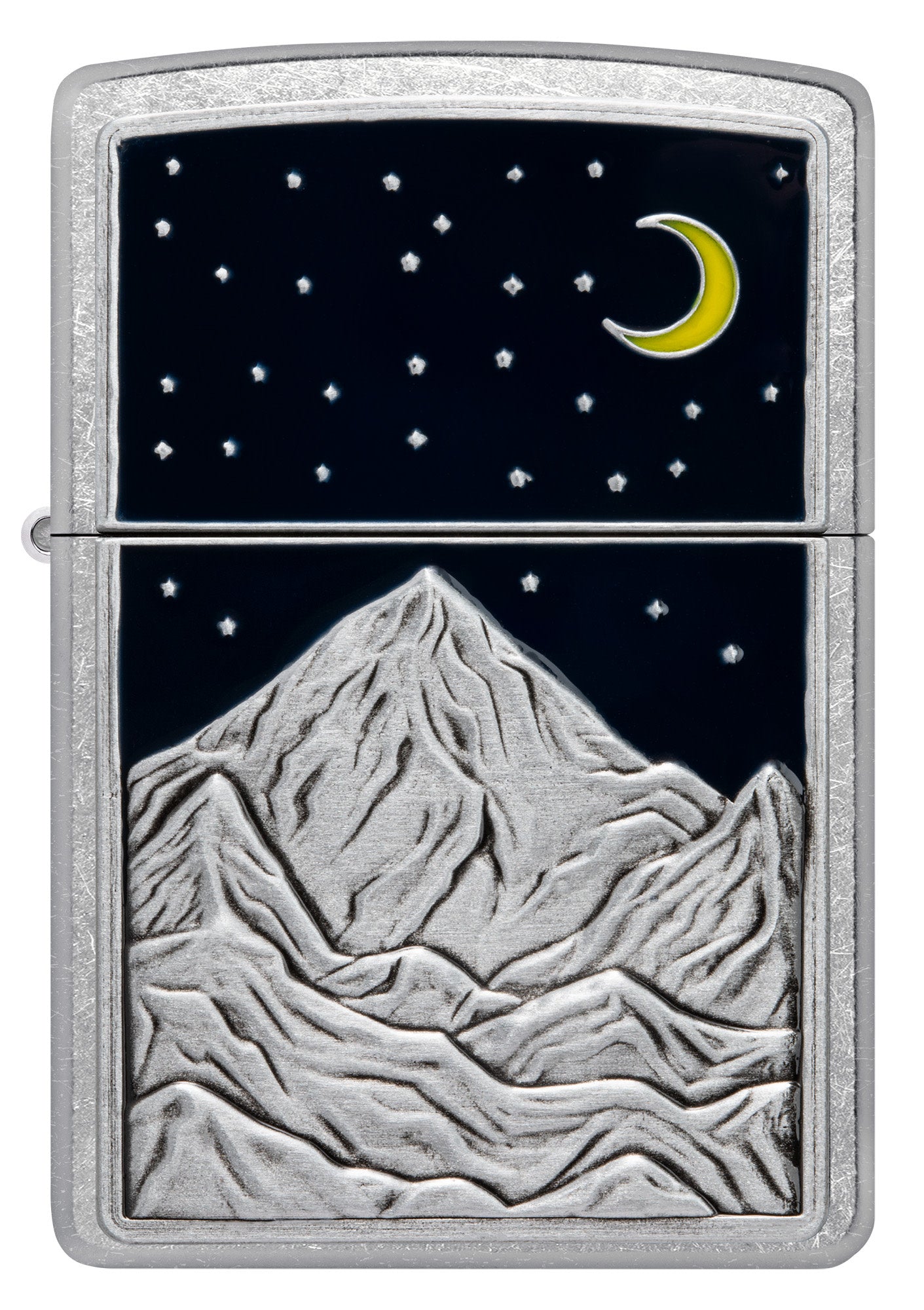 Front view of Zippo Mountain Emblem Street Chrome Windproof Lighter.