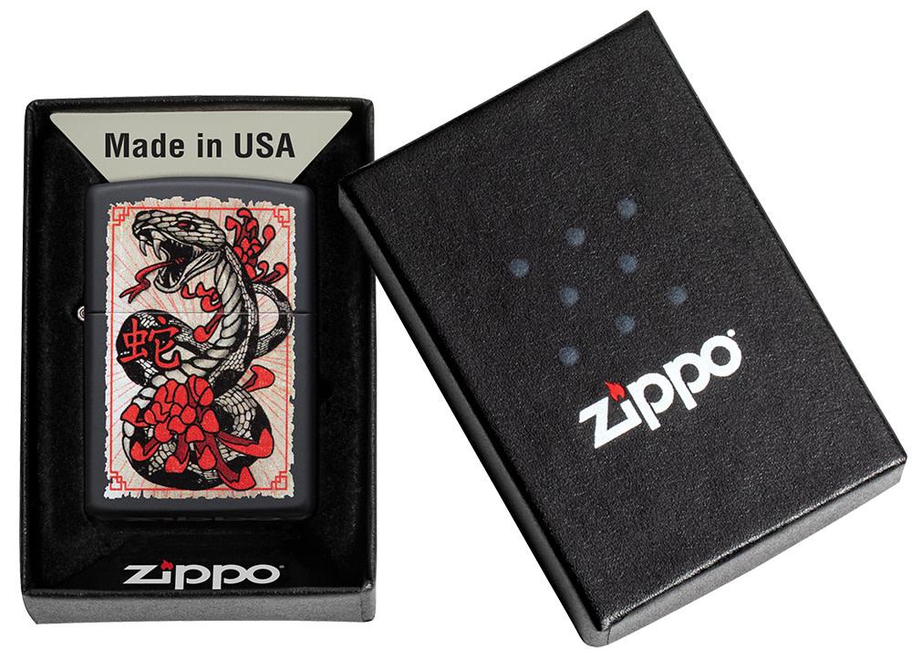 Snake Tattoo Black Matte Windproof Lighter in its packaging