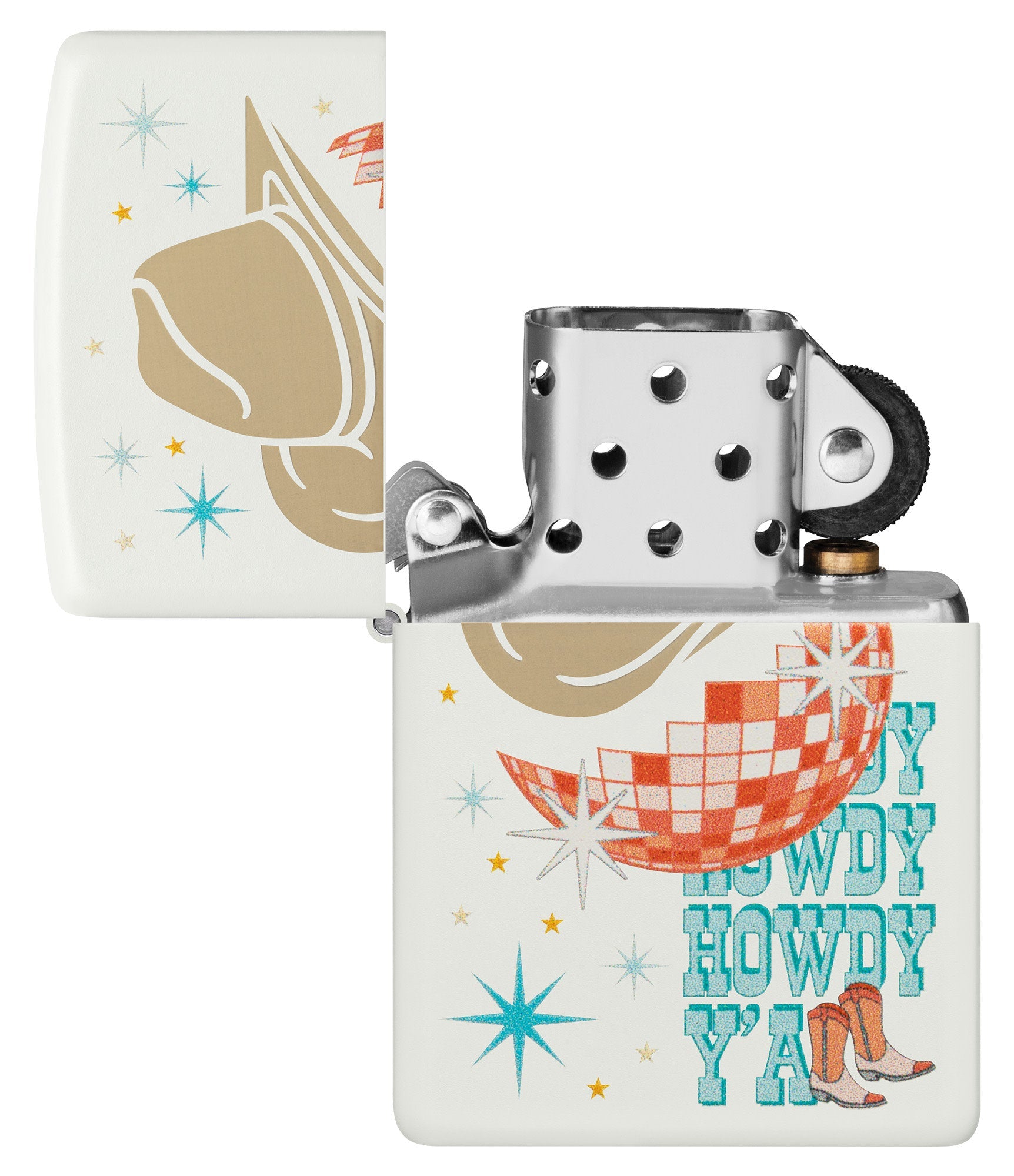 Zippo Howdy Cowboy White Matte Windproof Lighter with its lid open and unlit.